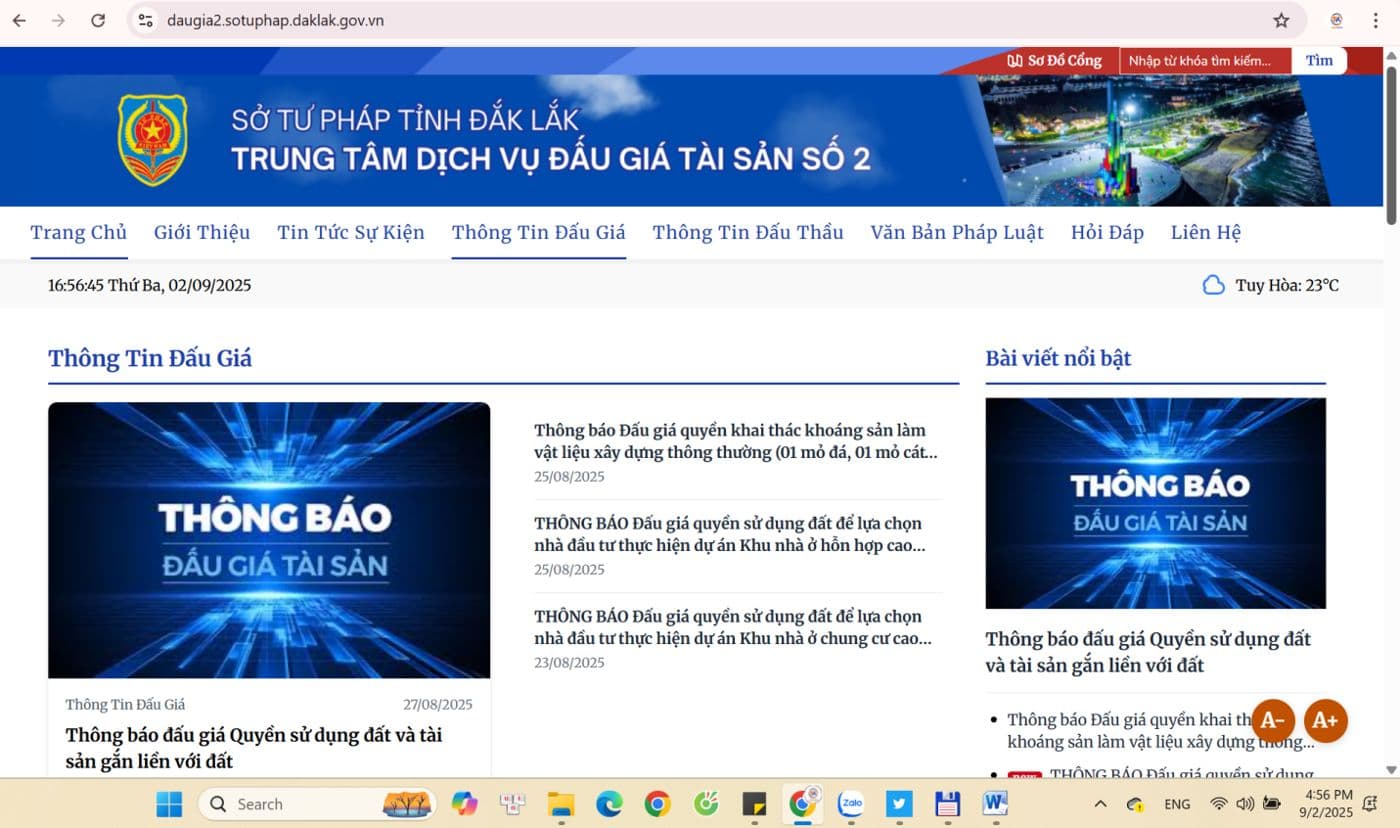 Web portal of Dak Lak Property Auction Service Center No. 2